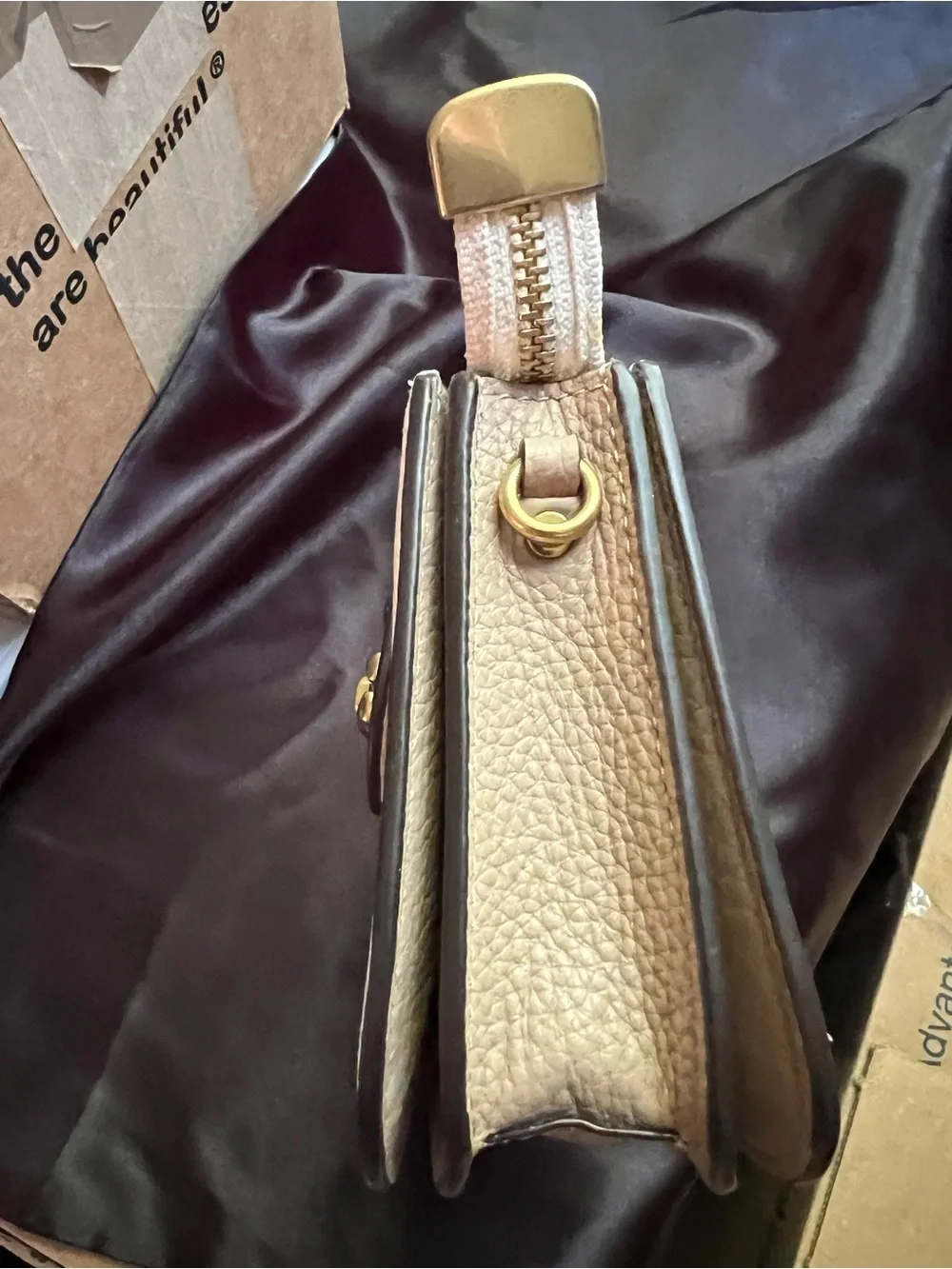 Coach Two-Tone Chalk & Dark Brown Pebbled Leather Crossbody & Gold Chain NWT
